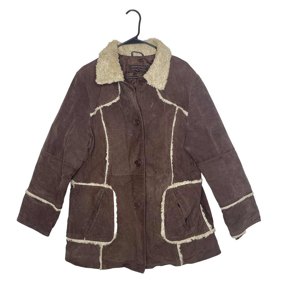 Y2K Genuine Leather Penny Lane Coat 1X Faux Shearling Trim Distressed